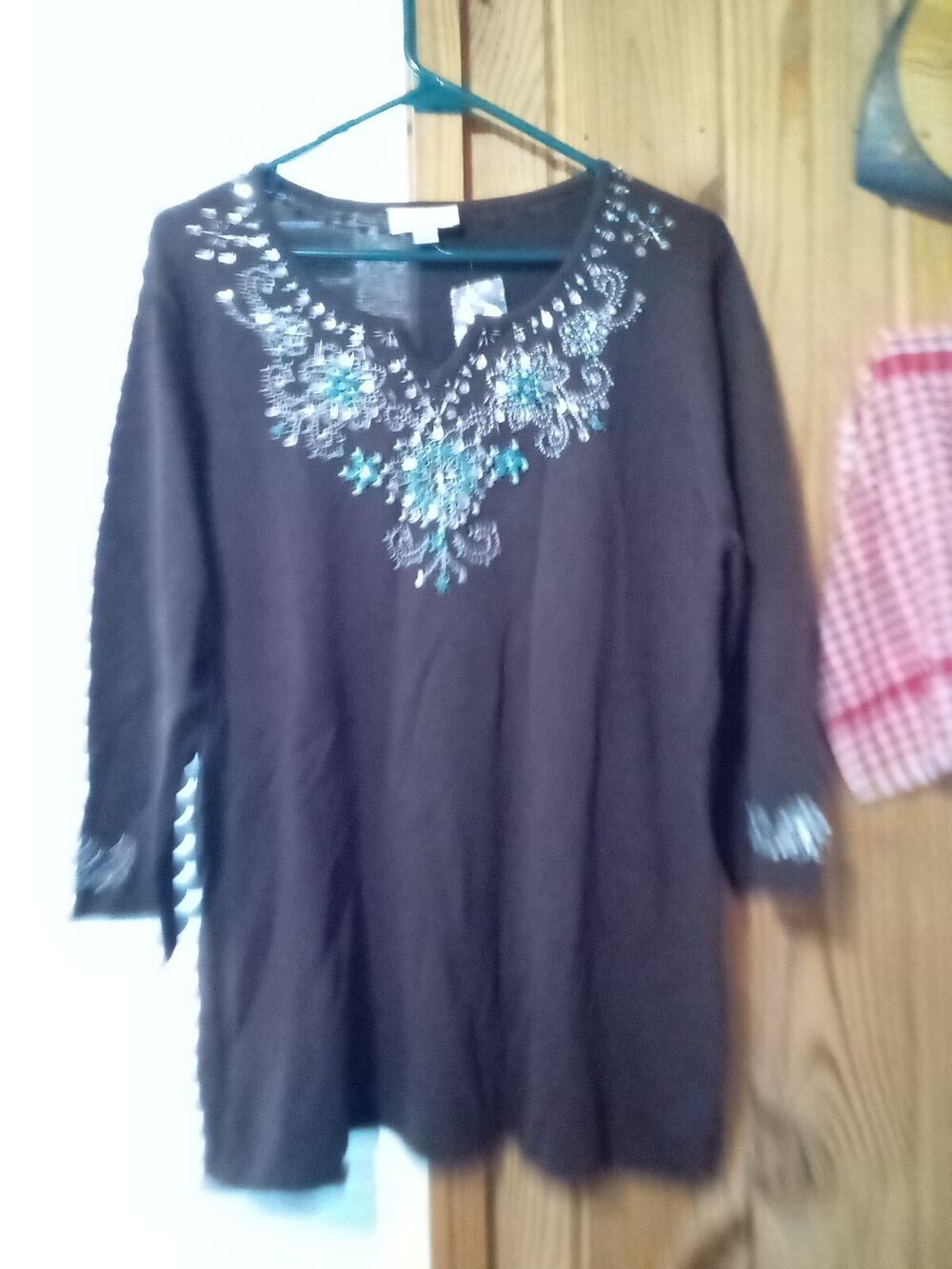 Quaker Factory Women's L Brown Sequins,Beads,& Stone Embellished 3/4 Sleeve Top